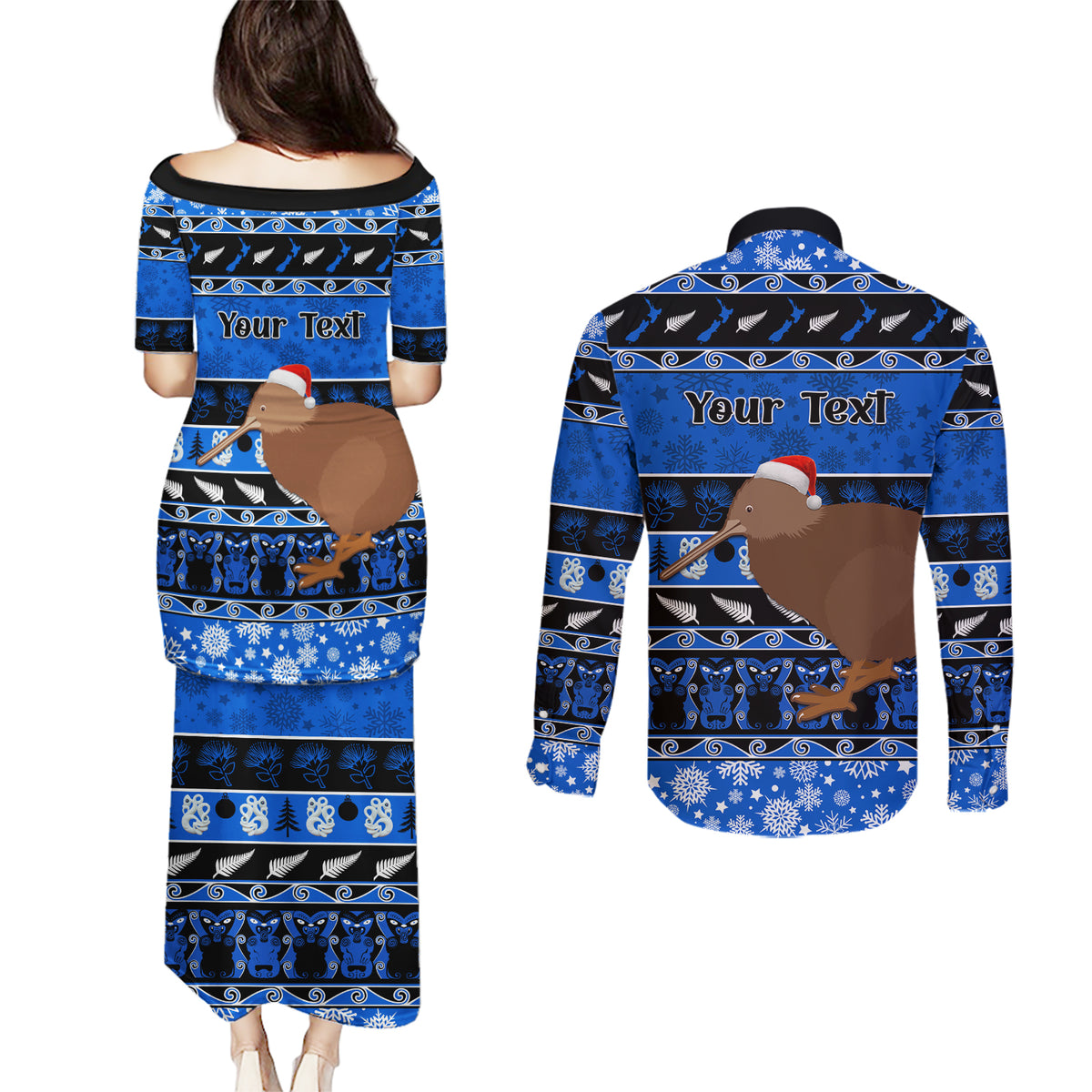 Personalised New Zealand Christmas Couples Matching Puletasi Dress and Long Sleeve Button Shirt Aotearoa Kiwi Meri Kirihimete Blue Version LT14 - Polynesian Pride