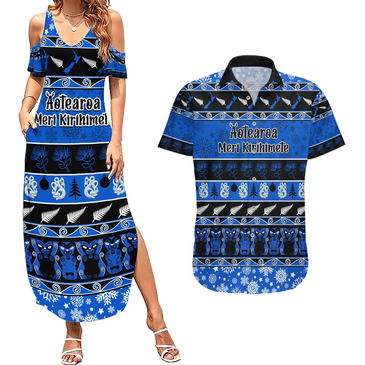 Personalised New Zealand Christmas Couples Matching Summer Maxi Dress and Hawaiian Shirt Aotearoa Kiwi Meri Kirihimete Blue Version LT14 Blue - Polynesian Pride