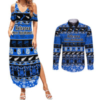 Personalised New Zealand Christmas Couples Matching Summer Maxi Dress and Long Sleeve Button Shirt Aotearoa Kiwi Meri Kirihimete Blue Version LT14 Blue - Polynesian Pride
