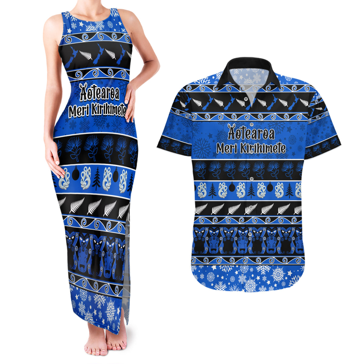 Personalised New Zealand Christmas Couples Matching Tank Maxi Dress and Hawaiian Shirt Aotearoa Kiwi Meri Kirihimete Blue Version LT14 Blue - Polynesian Pride