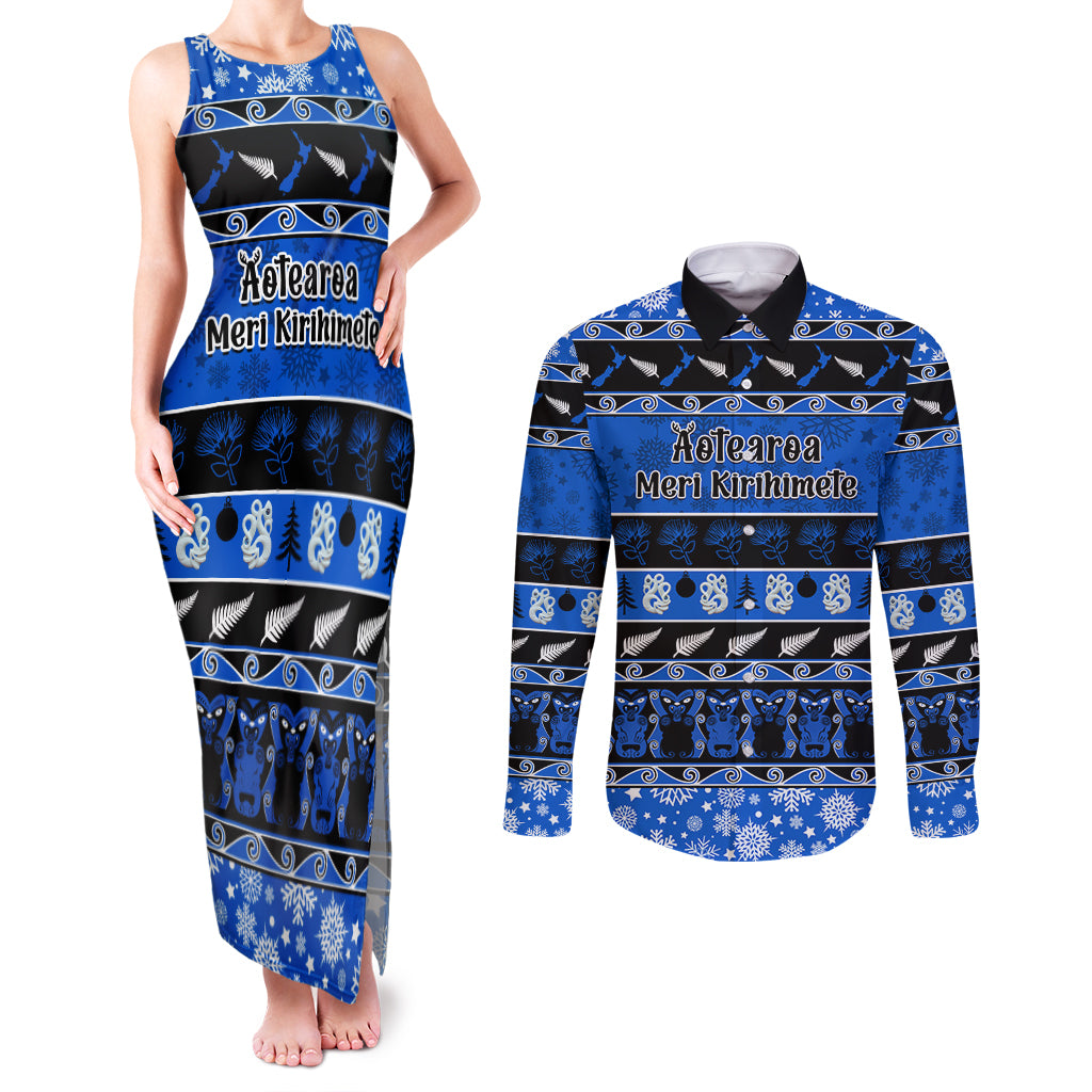 Personalised New Zealand Christmas Couples Matching Tank Maxi Dress and Long Sleeve Button Shirt Aotearoa Kiwi Meri Kirihimete Blue Version LT14 Blue - Polynesian Pride
