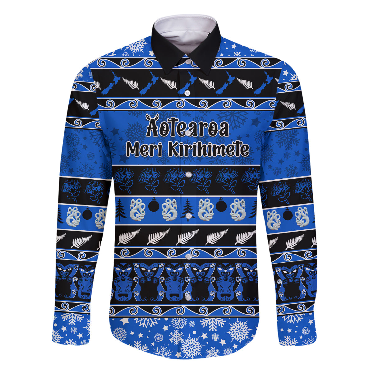 Personalised New Zealand Christmas Family Matching Long Sleeve Bodycon Dress and Hawaiian Shirt Aotearoa Kiwi Meri Kirihimete Blue Version LT14 Dad's Shirt - Long Sleeve Blue - Polynesian Pride