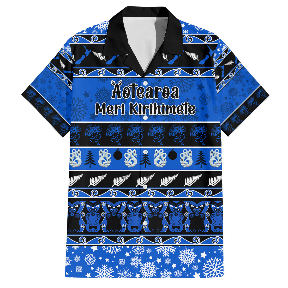 Personalised New Zealand Christmas Family Matching Puletasi Dress and Hawaiian Shirt Aotearoa Kiwi Meri Kirihimete Blue Version LT14 Dad's Shirt - Short Sleeve Blue - Polynesian Pride