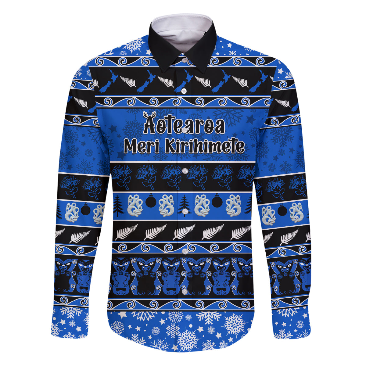 Personalised New Zealand Christmas Family Matching Puletasi Dress and Hawaiian Shirt Aotearoa Kiwi Meri Kirihimete Blue Version LT14 Dad's Shirt - Long Sleeve Blue - Polynesian Pride