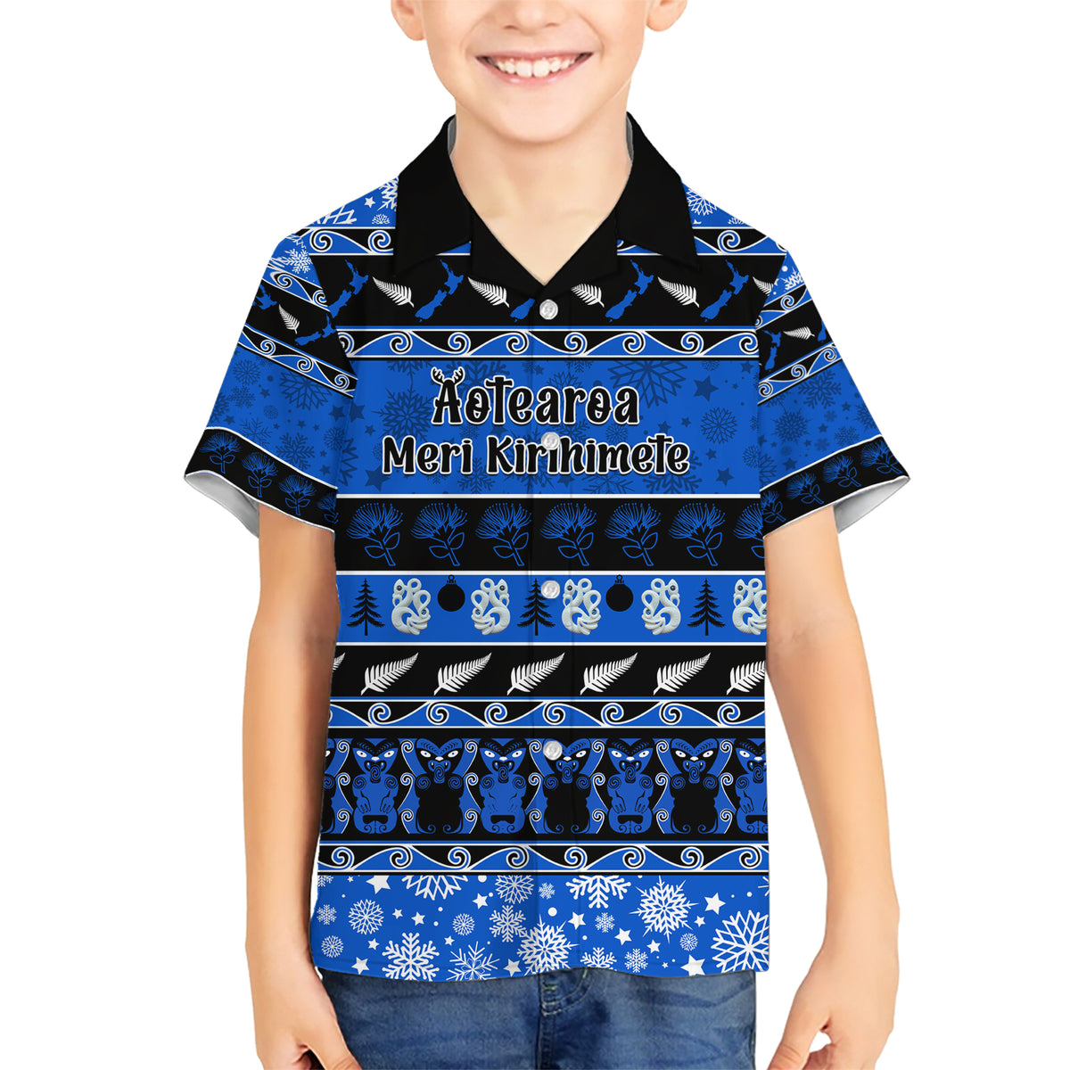 Personalised New Zealand Christmas Family Matching Short Sleeve Bodycon Dress and Hawaiian Shirt Aotearoa Kiwi Meri Kirihimete Blue Version LT14 Son's Shirt Blue - Polynesian Pride