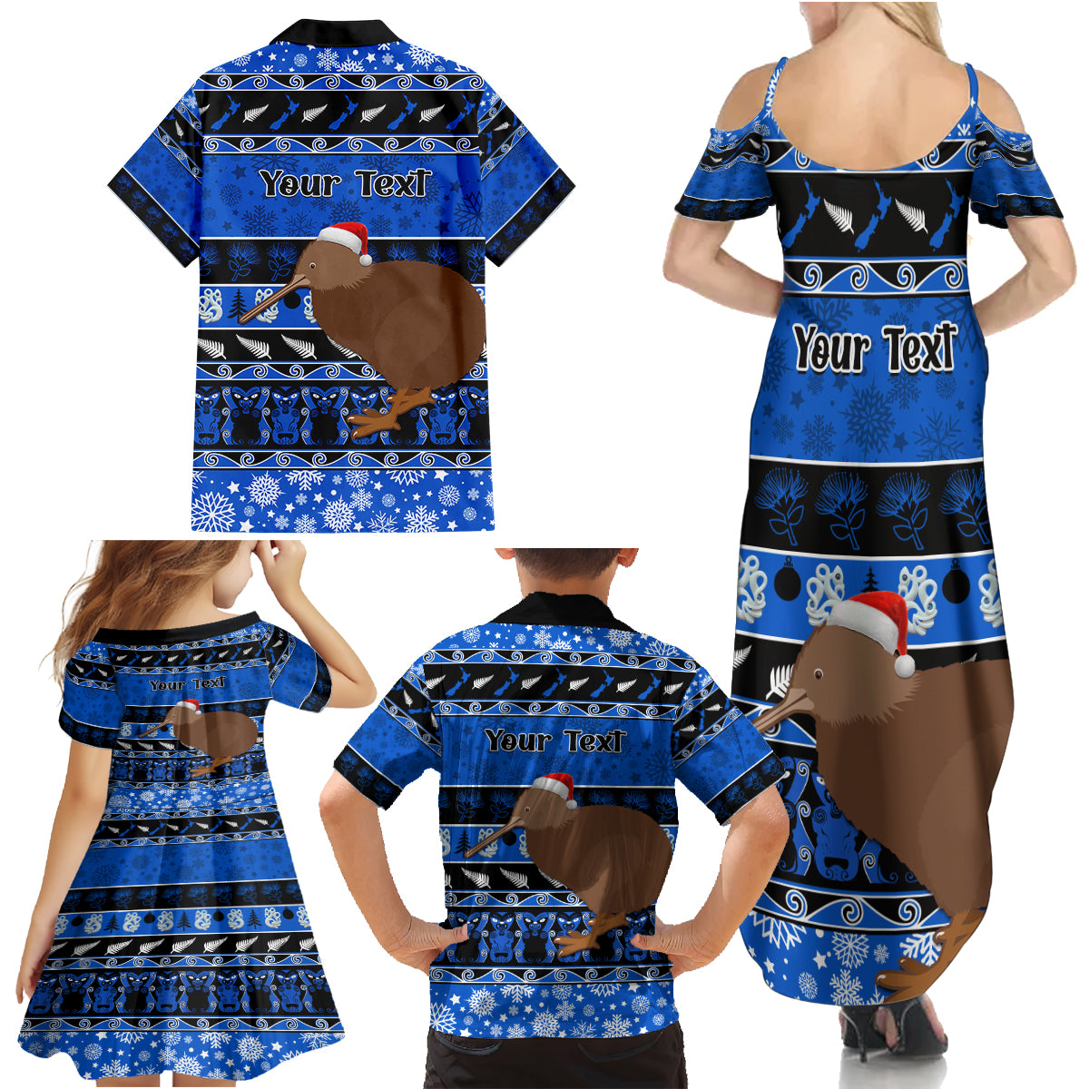 Personalised New Zealand Christmas Family Matching Summer Maxi Dress and Hawaiian Shirt Aotearoa Kiwi Meri Kirihimete Blue Version LT14 - Polynesian Pride