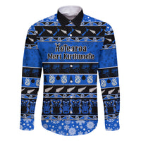 Personalised New Zealand Christmas Family Matching Summer Maxi Dress and Hawaiian Shirt Aotearoa Kiwi Meri Kirihimete Blue Version LT14 Dad's Shirt - Long Sleeve Blue - Polynesian Pride