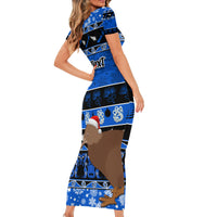 Personalised New Zealand Christmas Short Sleeve Bodycon Dress Aotearoa Kiwi Meri Kirihimete Blue Version LT14 - Polynesian Pride