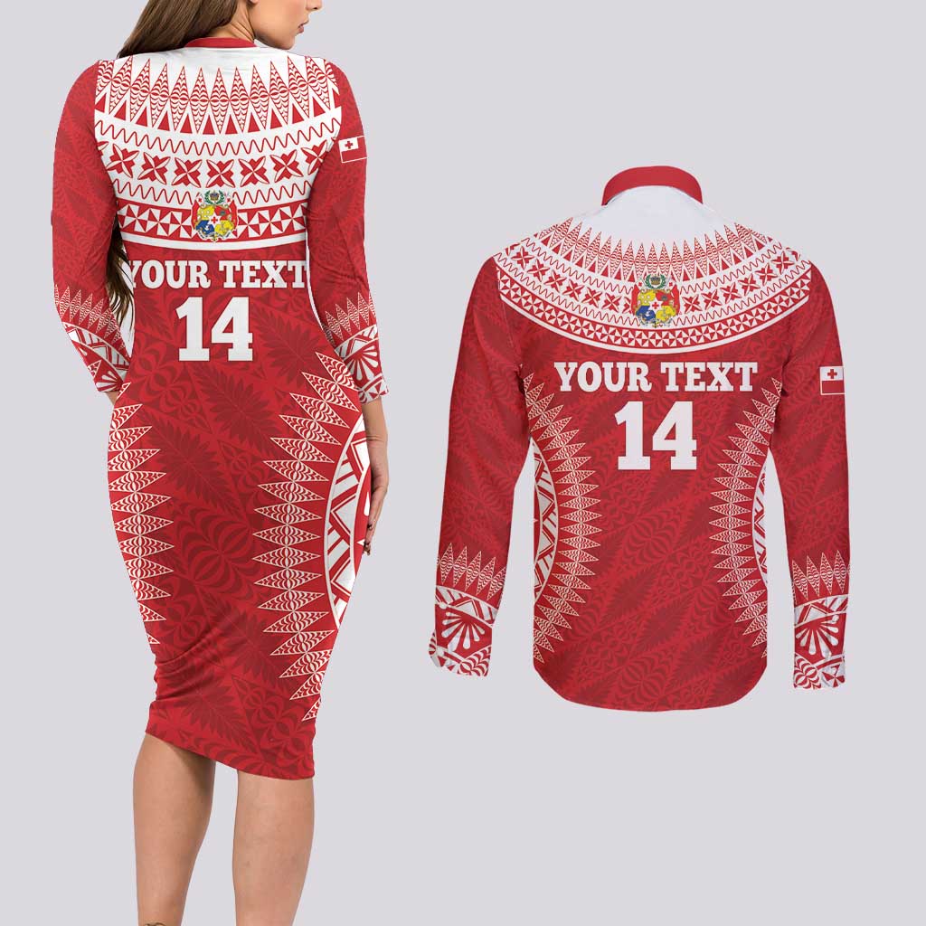 Custom Tonga Mate Maa Couples Matching Long Sleeve Bodycon Dress and Long Sleeve Button Shirt Go Champions Tongan Ngatu - Red