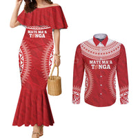 Custom Tonga Mate Maa Couples Matching Mermaid Dress and Long Sleeve Button Shirt Go Champions Tongan Ngatu - Red