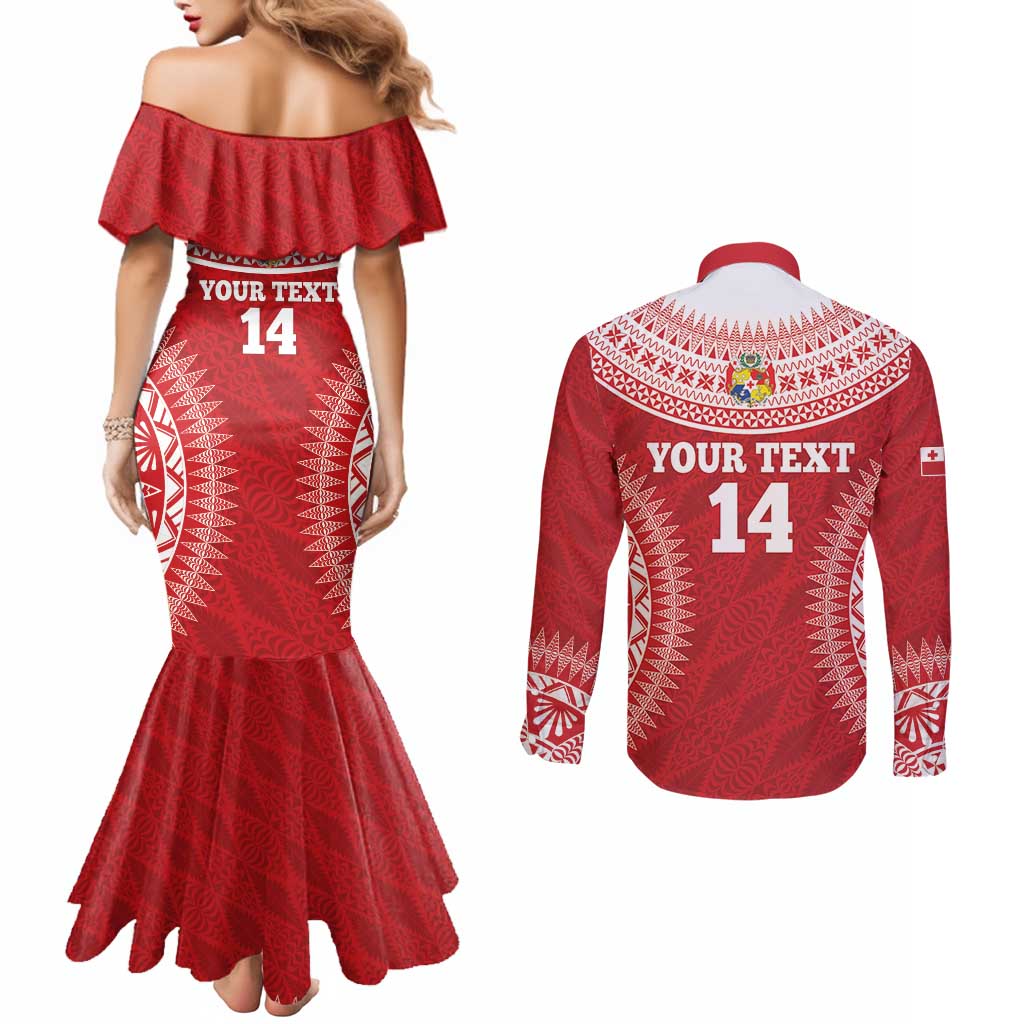 Custom Tonga Mate Maa Couples Matching Mermaid Dress and Long Sleeve Button Shirt Go Champions Tongan Ngatu - Red