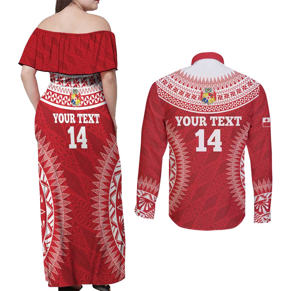 Custom Tonga Mate Maa Couples Matching Off Shoulder Maxi Dress and Long Sleeve Button Shirt Go Champions Tongan Ngatu - Red