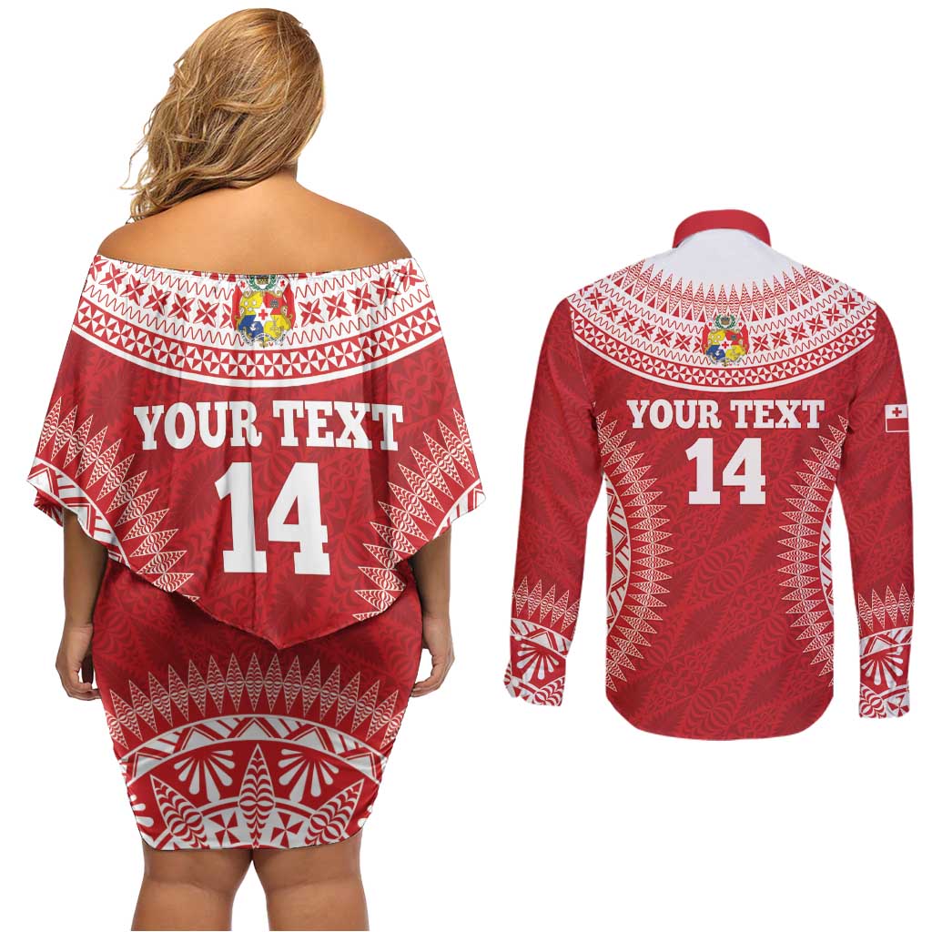 Custom Tonga Mate Maa Couples Matching Off Shoulder Short Dress and Long Sleeve Button Shirt Go Champions Tongan Ngatu - Red