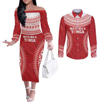 Custom Tonga Mate Maa Couples Matching Off The Shoulder Long Sleeve Dress and Long Sleeve Button Shirt Go Champions Tongan Ngatu - Red