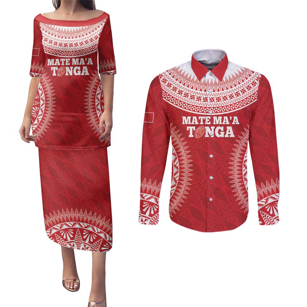 Custom Tonga Mate Maa Couples Matching Puletasi and Long Sleeve Button Shirt Go Champions Tongan Ngatu - Red