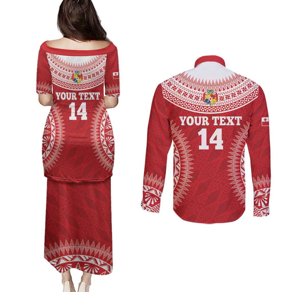 Custom Tonga Mate Maa Couples Matching Puletasi and Long Sleeve Button Shirt Go Champions Tongan Ngatu - Red