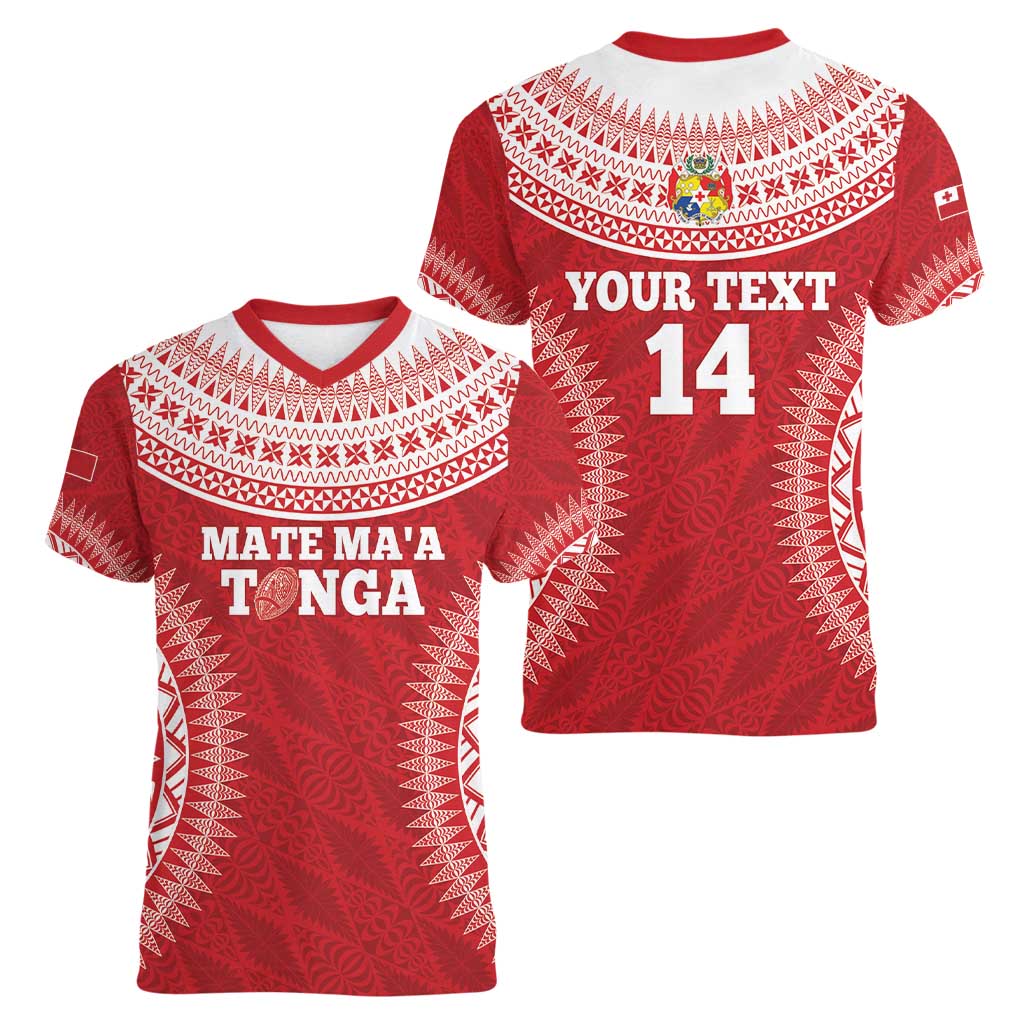 Custom Tonga Mate Maa Women V-Neck T-Shirt Go Champions Tongan Ngatu - Red LT14 - Polynesian Pride