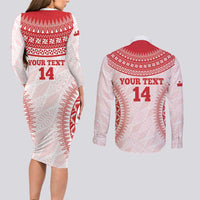 Custom Tonga Mate Maa Couples Matching Long Sleeve Bodycon Dress and Long Sleeve Button Shirt Go Champions Tongan Ngatu - White