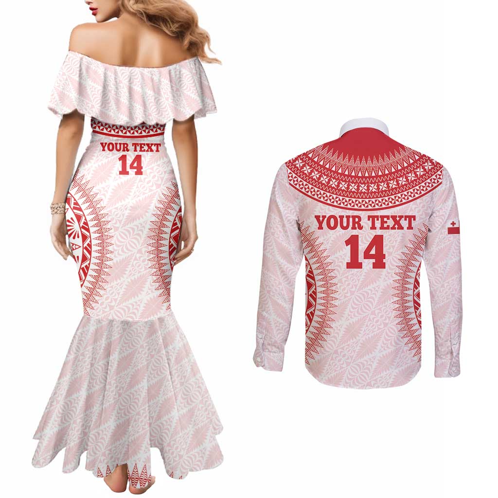 Custom Tonga Mate Maa Couples Matching Mermaid Dress and Long Sleeve Button Shirt Go Champions Tongan Ngatu - White
