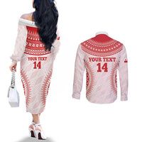 Custom Tonga Mate Maa Couples Matching Off The Shoulder Long Sleeve Dress and Long Sleeve Button Shirt Go Champions Tongan Ngatu - White