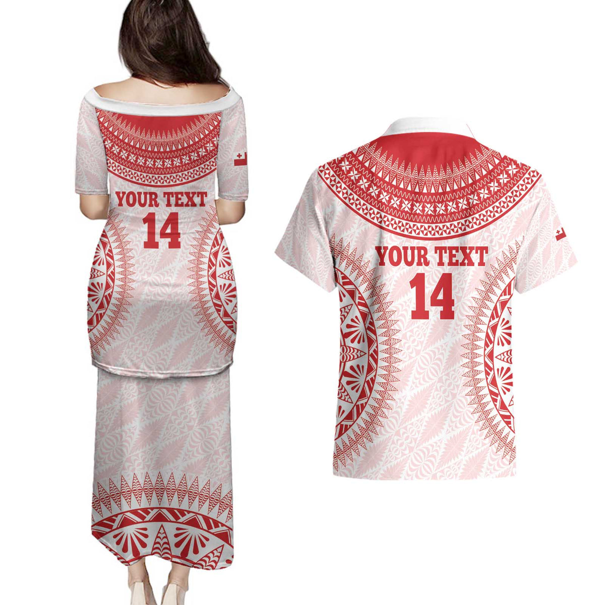 Custom Tonga Mate Maa Couples Matching Puletasi and Hawaiian Shirt Go Champions Tongan Ngatu - White