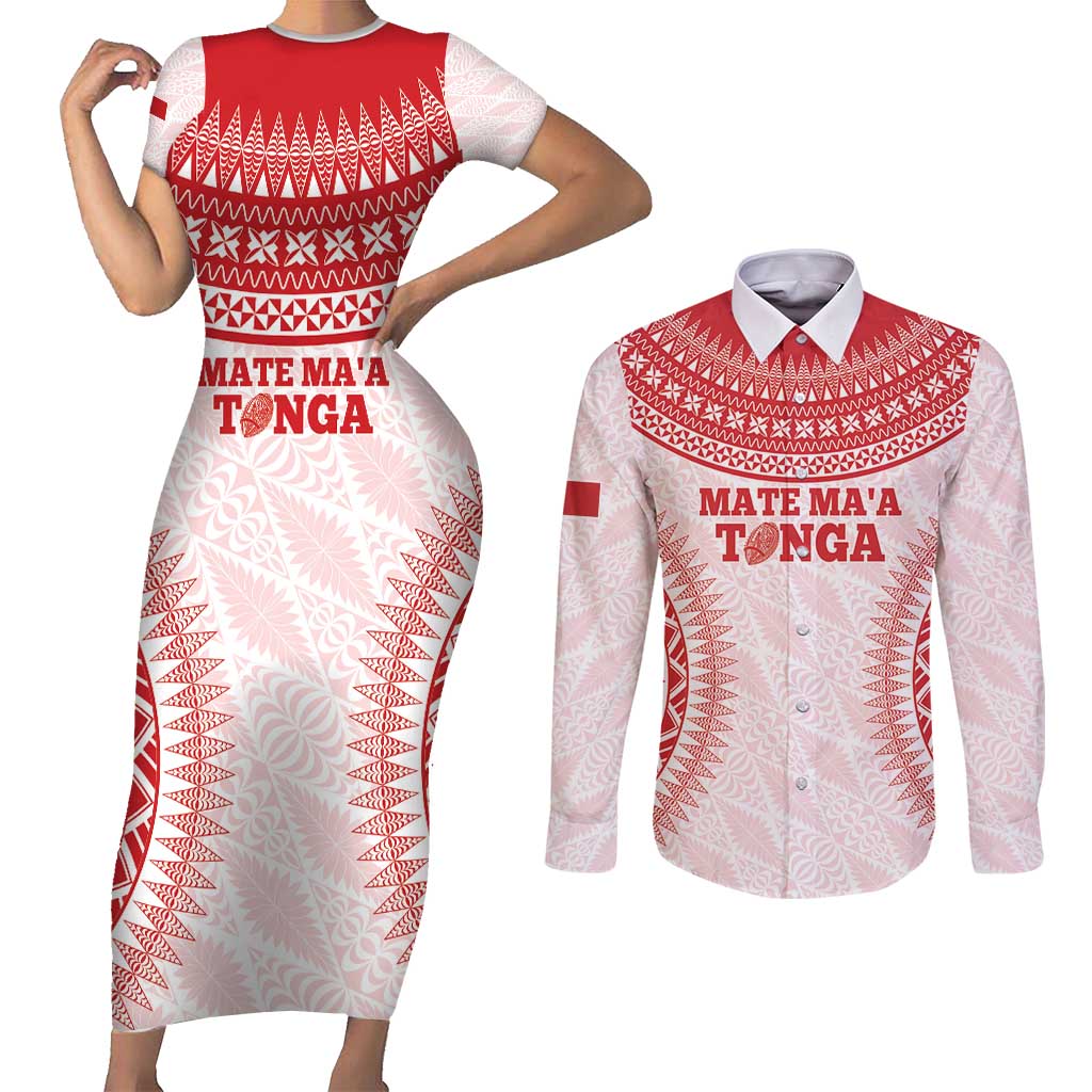 Custom Tonga Mate Maa Couples Matching Short Sleeve Bodycon Dress and Long Sleeve Button Shirt Go Champions Tongan Ngatu - White