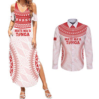 Custom Tonga Mate Maa Couples Matching Summer Maxi Dress and Long Sleeve Button Shirt Go Champions Tongan Ngatu - White