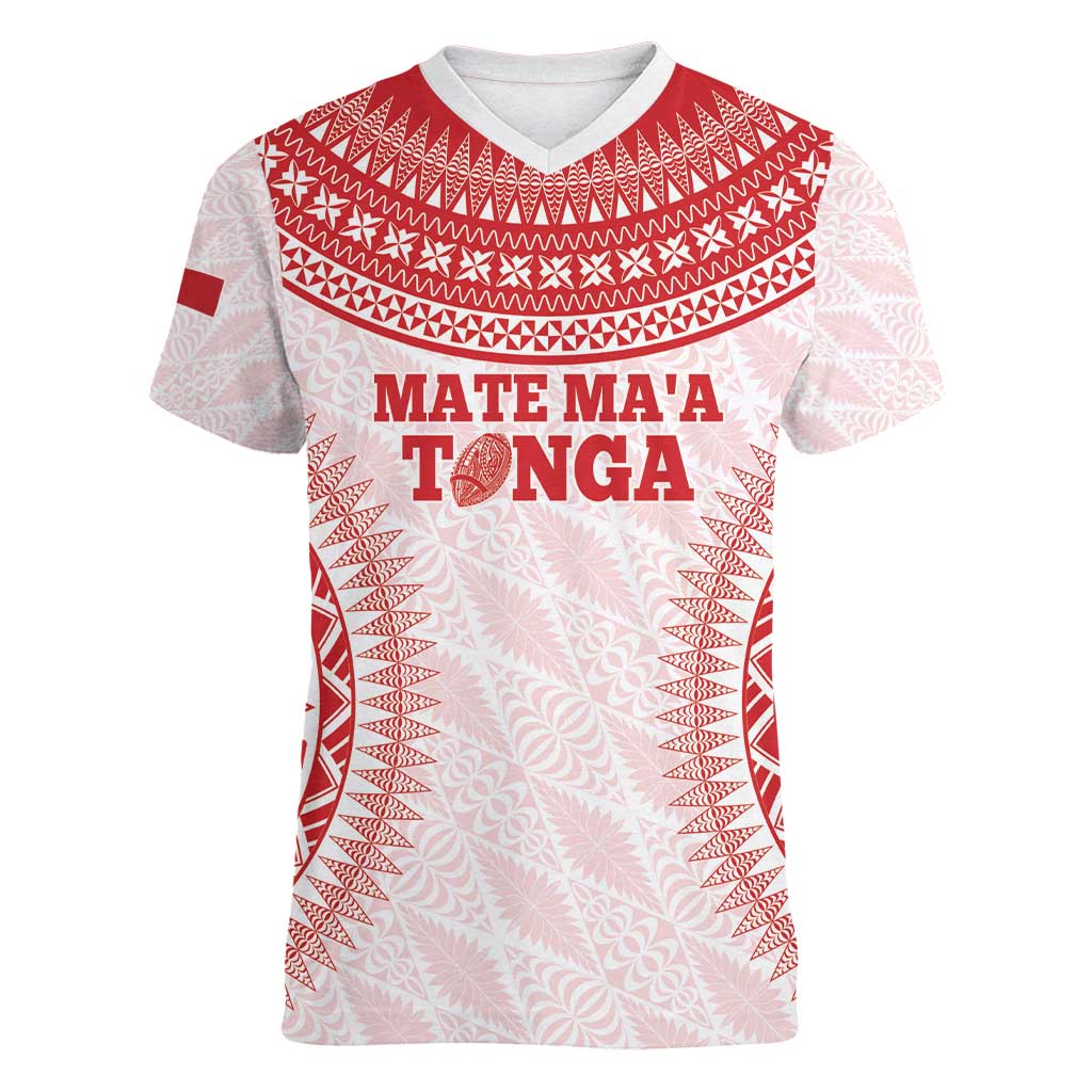 Custom Tonga Mate Maa Women V-Neck T-Shirt Go Champions Tongan Ngatu - White