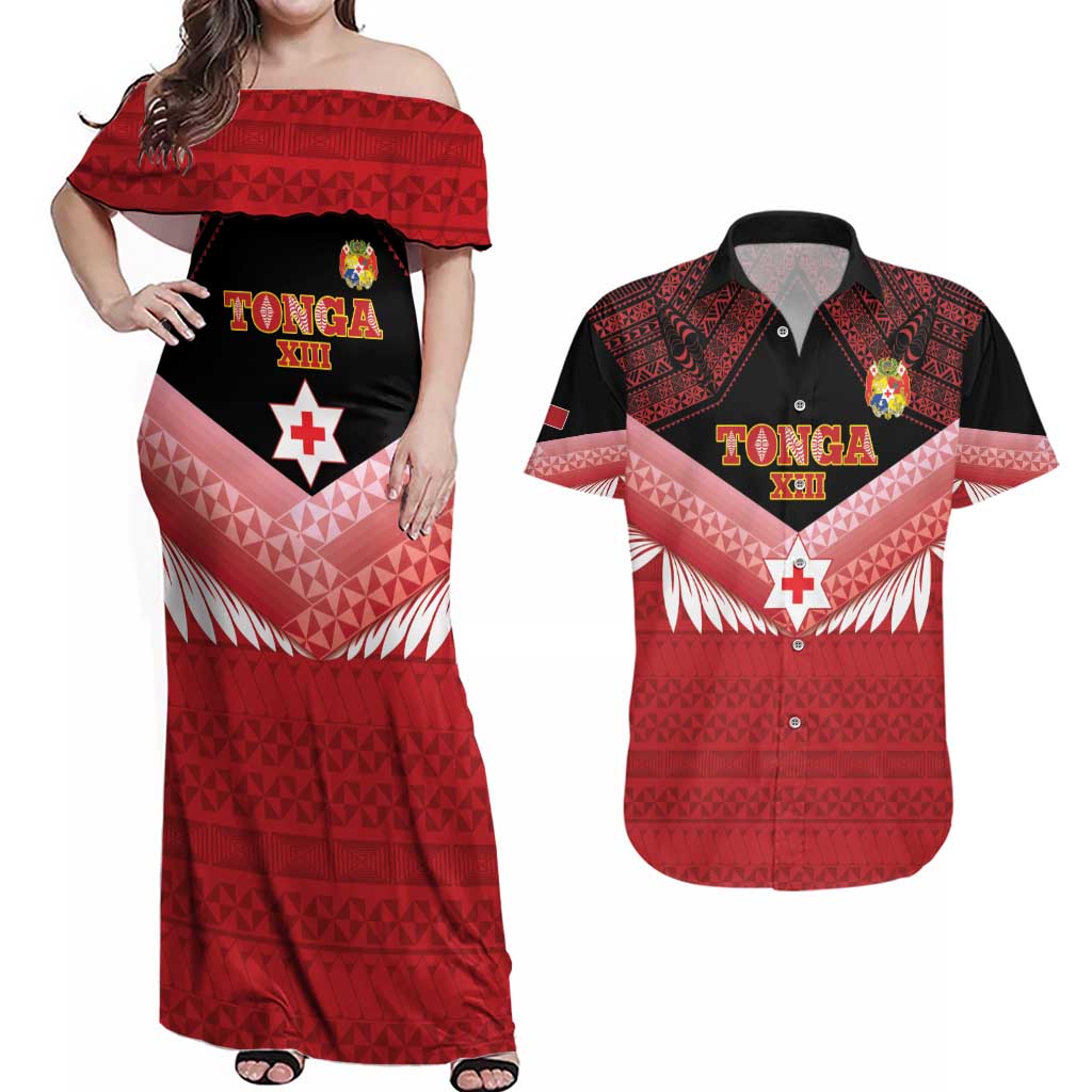 Custom Mate Maa Tonga XIII Couples Matching Off Shoulder Maxi Dress and Hawaiian Shirt Tongan Kupesi Ngatu - Rugby Style