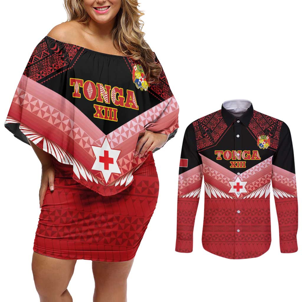 Custom Mate Maa Tonga XIII Couples Matching Off Shoulder Short Dress and Long Sleeve Button Shirt Tongan Kupesi Ngatu - Rugby Style