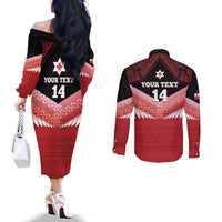 Custom Mate Maa Tonga XIII Couples Matching Off The Shoulder Long Sleeve Dress and Long Sleeve Button Shirt Tongan Kupesi Ngatu - Rugby Style