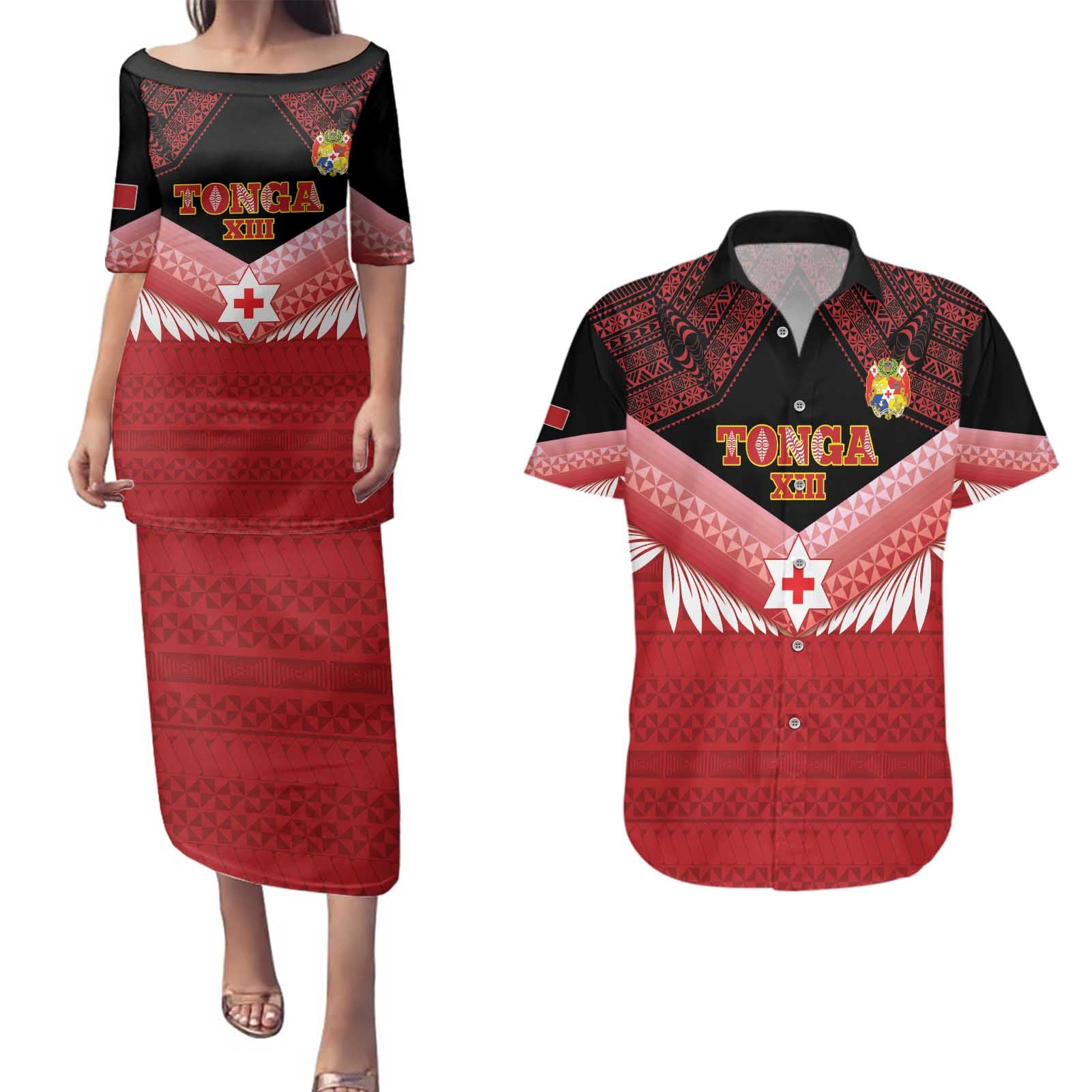 Custom Mate Maa Tonga XIII Couples Matching Puletasi and Hawaiian Shirt Tongan Kupesi Ngatu - Rugby Style