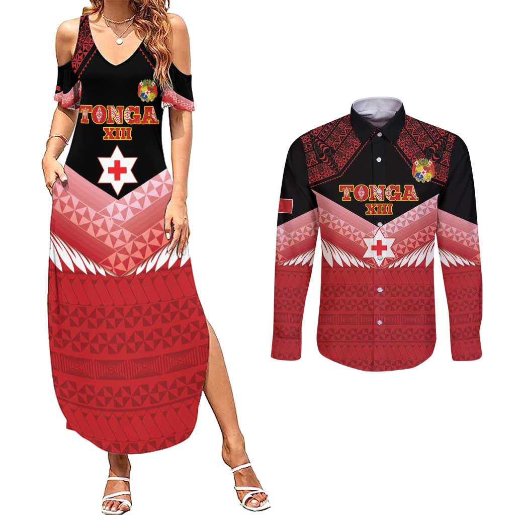 Custom Mate Maa Tonga XIII Couples Matching Summer Maxi Dress and Long Sleeve Button Shirt Tongan Kupesi Ngatu - Rugby Style