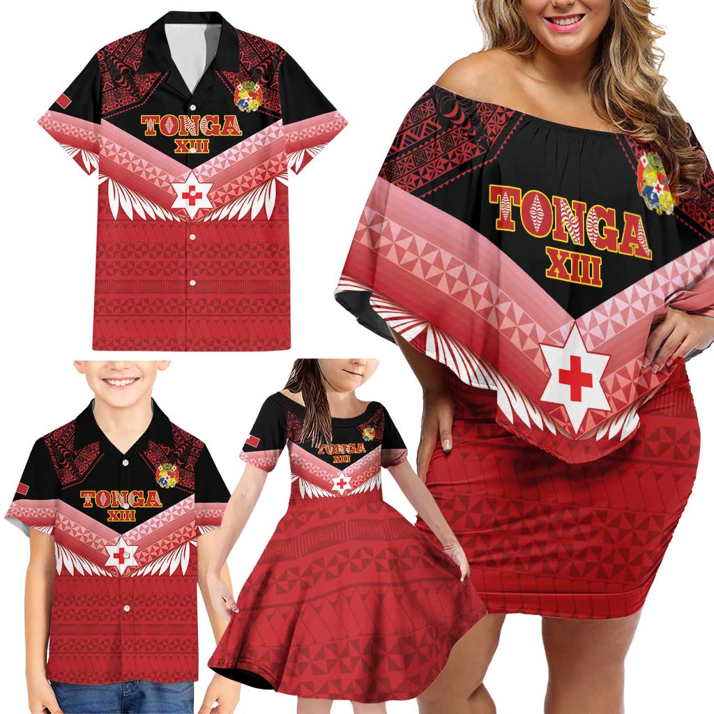 Custom Mate Maa Tonga XIII Family Matching Off Shoulder Short Dress and Hawaiian Shirt Tongan Kupesi Ngatu - Rugby Style