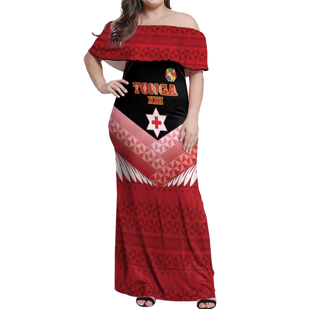 Custom Mate Maa Tonga XIII Off Shoulder Maxi Dress Tongan Kupesi Ngatu - Rugby Style