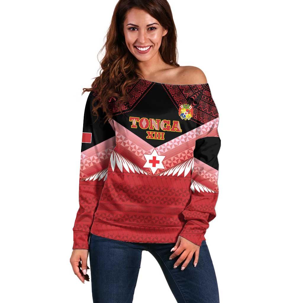 Custom Mate Maa Tonga XIII Off Shoulder Sweater Tongan Kupesi Ngatu - Rugby Style