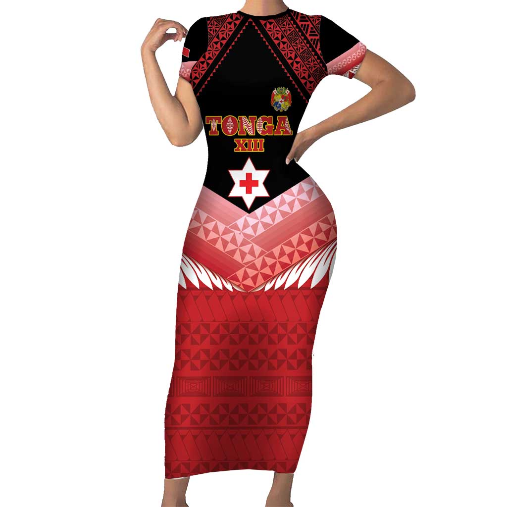 Custom Mate Maa Tonga XIII Short Sleeve Bodycon Dress Tongan Kupesi Ngatu - Rugby Style