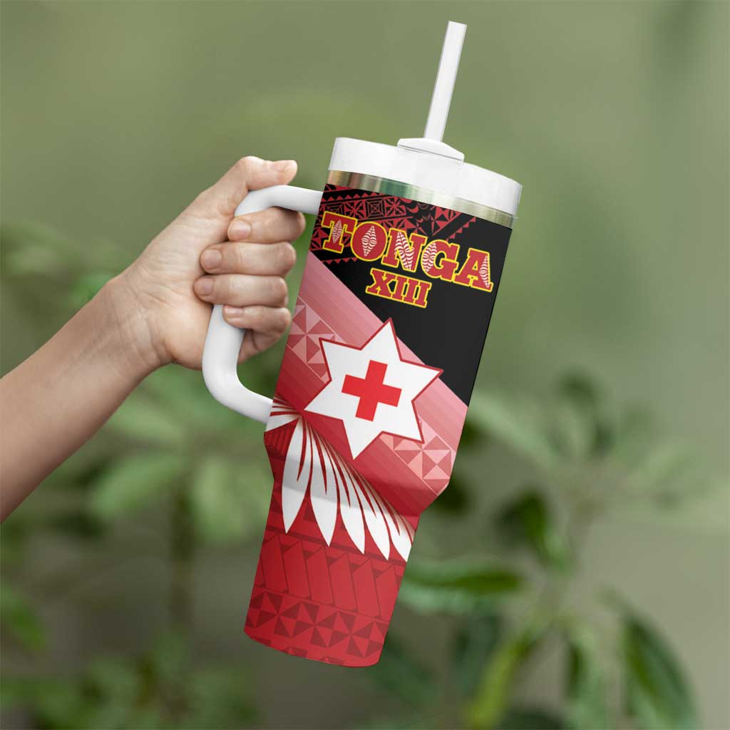 Personalised Mate Maa Tonga XIII Tumbler With Handle Tongan Kupesi Ngatu - Rugby Style