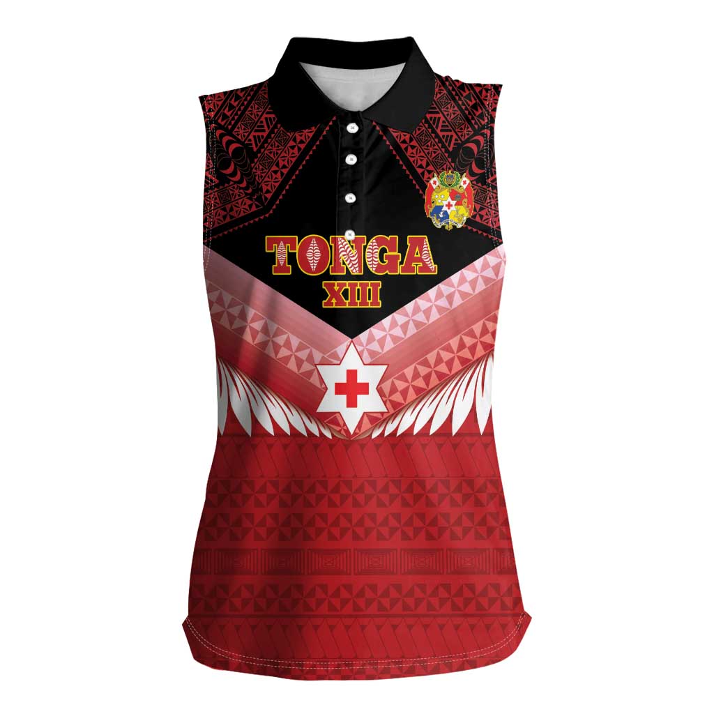 Custom Mate Maa Tonga XIII Women Sleeveless Polo Shirt Tongan Kupesi Ngatu - Rugby Style LT14 Female Red - Polynesian Pride
