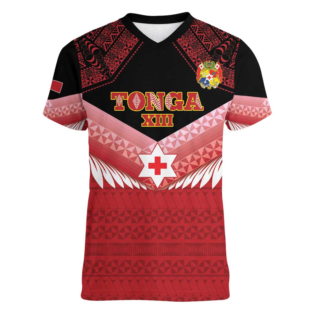 Custom Mate Maa Tonga XIII Women V-Neck T-Shirt Tongan Kupesi Ngatu - Rugby Style