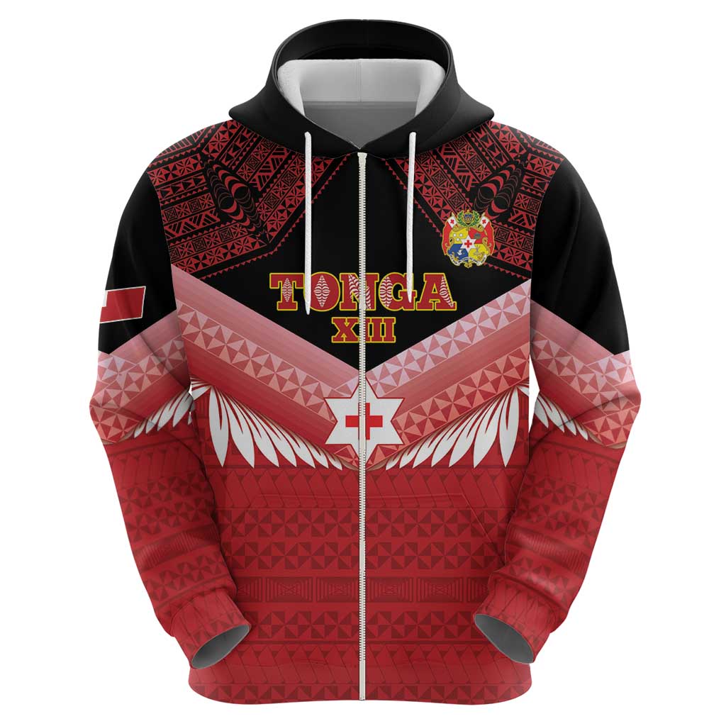Custom Mate Maa Tonga XIII Zip Hoodie Tongan Kupesi Ngatu - Rugby Style LT14 - Polynesian Pride