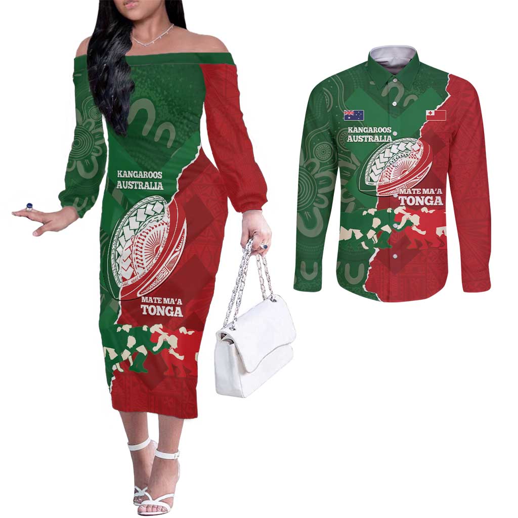 Custom Tonga And Australia Rugby Couples Matching Off The Shoulder Long Sleeve Dress and Long Sleeve Button Shirt Mate Maa Tongan Ngatu Mix Kangaroos Aboriginal