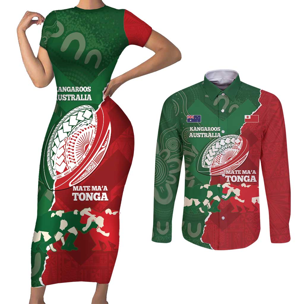 Custom Tonga And Australia Rugby Couples Matching Short Sleeve Bodycon Dress and Long Sleeve Button Shirt Mate Maa Tongan Ngatu Mix Kangaroos Aboriginal