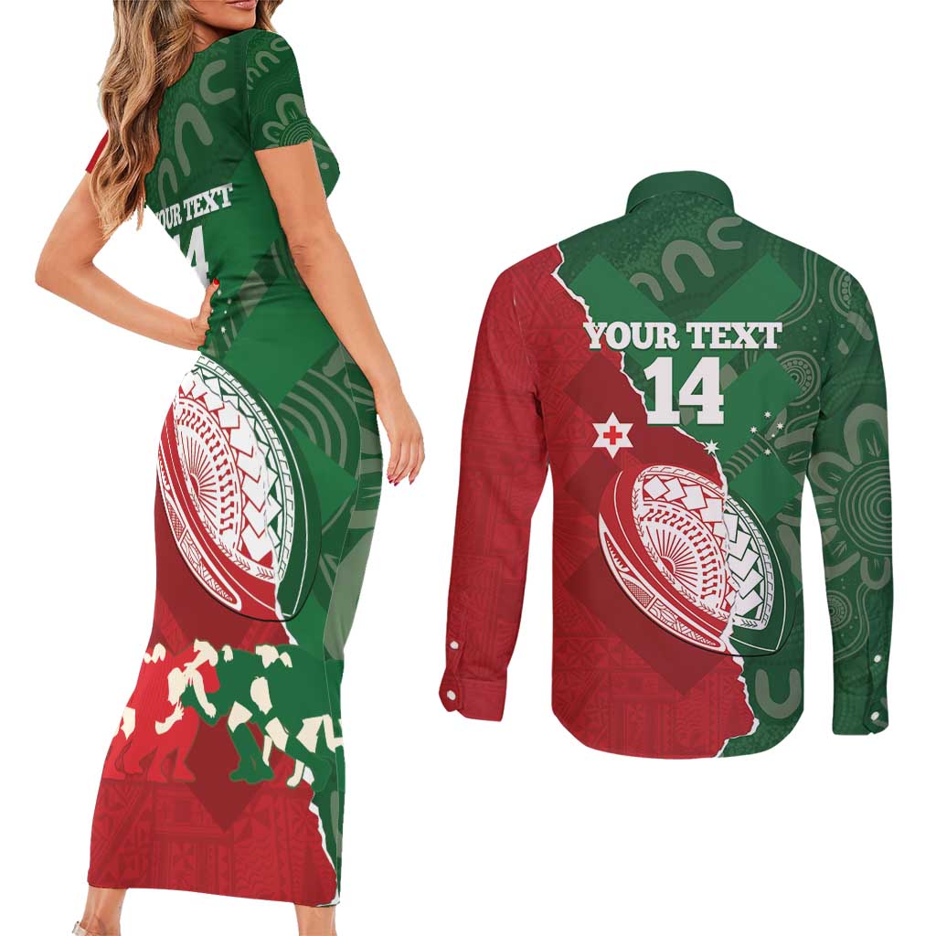 Custom Tonga And Australia Rugby Couples Matching Short Sleeve Bodycon Dress and Long Sleeve Button Shirt Mate Maa Tongan Ngatu Mix Kangaroos Aboriginal