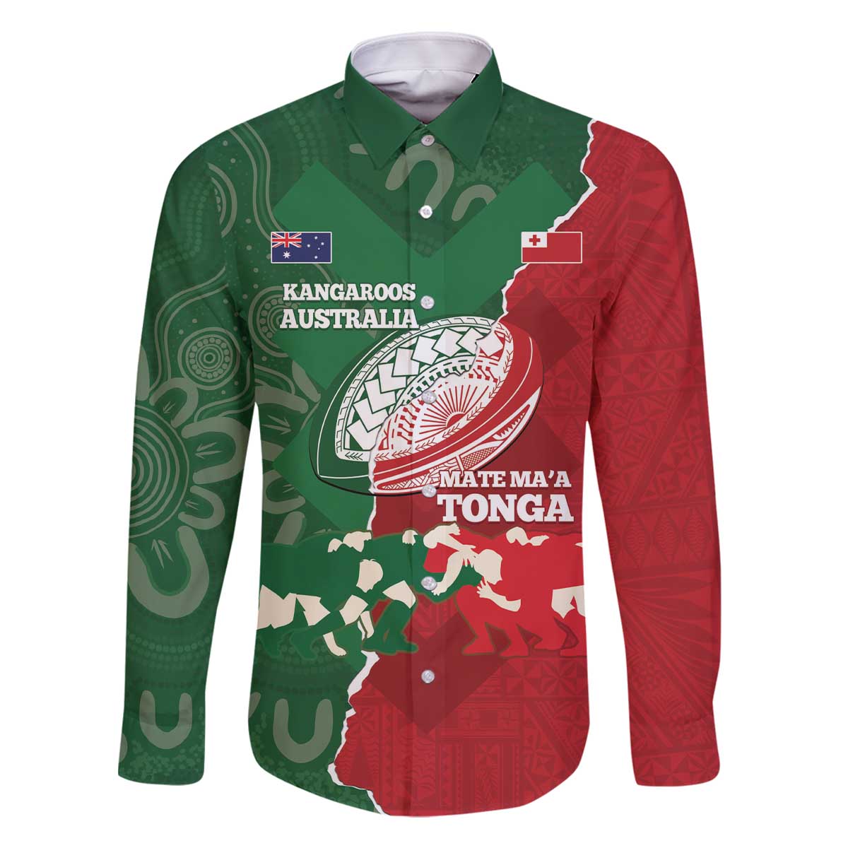 Custom Tonga And Australia Rugby Family Matching Off The Shoulder Long Sleeve Dress and Hawaiian Shirt Mate Maa Tongan Ngatu Mix Kangaroos Aboriginal