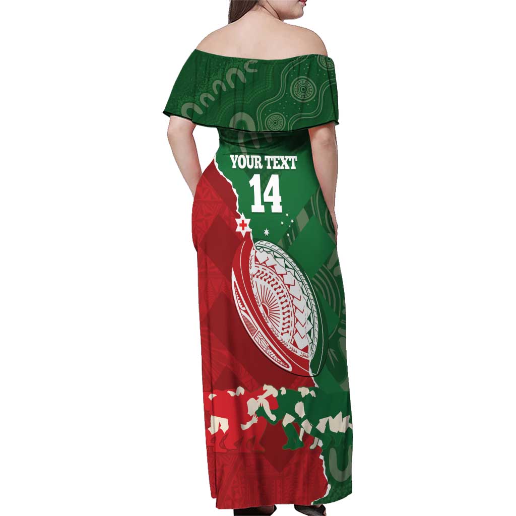 Custom Tonga And Australia Rugby Family Matching Off Shoulder Maxi Dress and Hawaiian Shirt Mate Maa Tongan Ngatu Mix Kangaroos Aboriginal