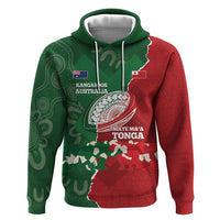 Custom Tonga And Australia Rugby Hoodie Mate Maa Tongan Ngatu Mix Kangaroos Aboriginal LT14 Pullover Hoodie Green - Polynesian Pride