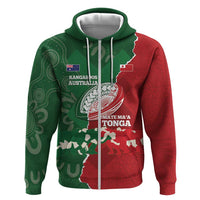 Custom Tonga And Australia Rugby Hoodie Mate Maa Tongan Ngatu Mix Kangaroos Aboriginal LT14 Zip Hoodie Green - Polynesian Pride