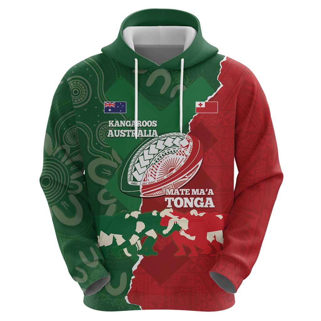 Custom Tonga And Australia Rugby Hoodie Mate Maa Tongan Ngatu Mix Kangaroos Aboriginal LT14 - Polynesian Pride