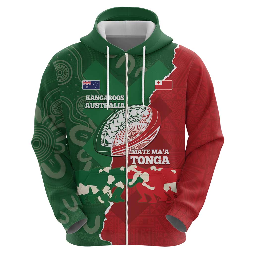 Custom Tonga And Australia Rugby Hoodie Mate Maa Tongan Ngatu Mix Kangaroos Aboriginal LT14 - Polynesian Pride